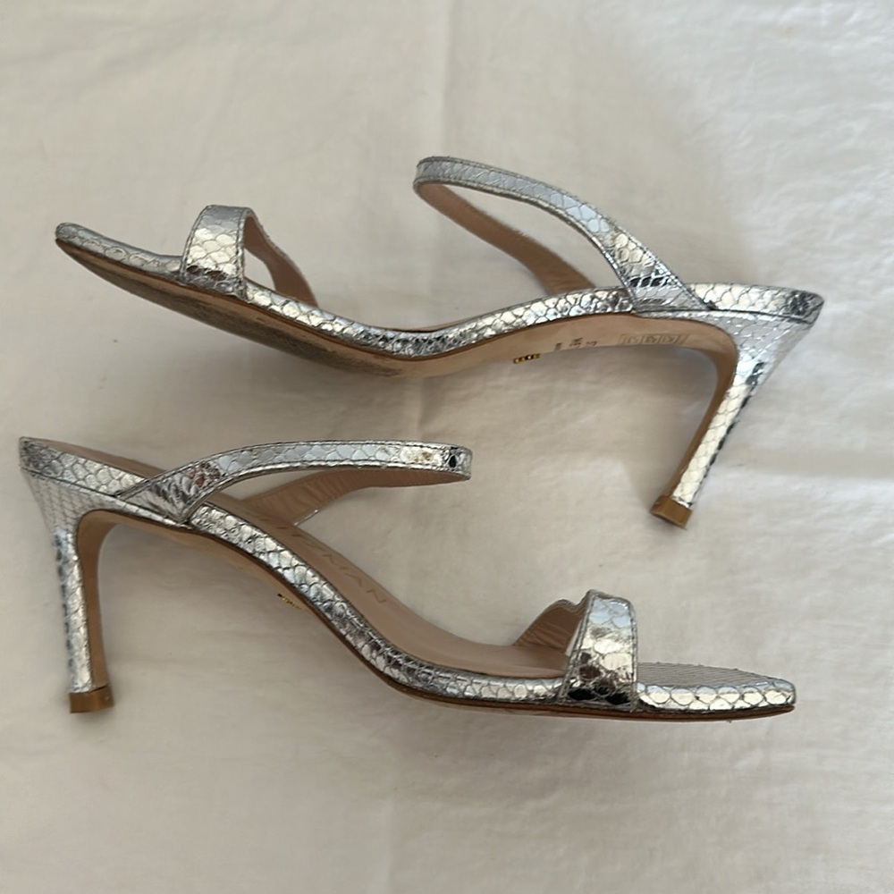 Stuart Weitzman Aleena Sandals in Silver Mini Snake Print 2.5” Heel Pumps Size 5 - Picture 12 of 16